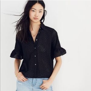 Madewell Black Eyelet Bell Sleeve Village Ruffle Sleeve Button Front Blouse